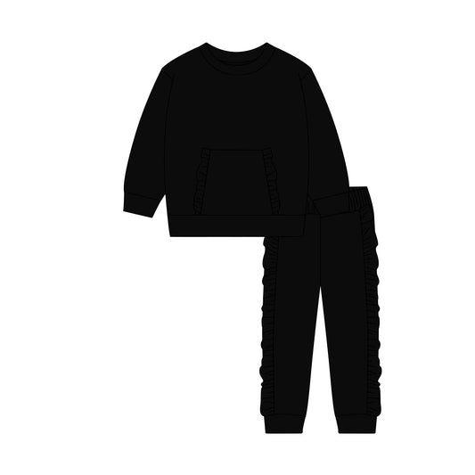 MOQ 5 Preorder GLP3044 Solid Black Ruffle Pocket Long Sleeve Pants Girls Set 202510