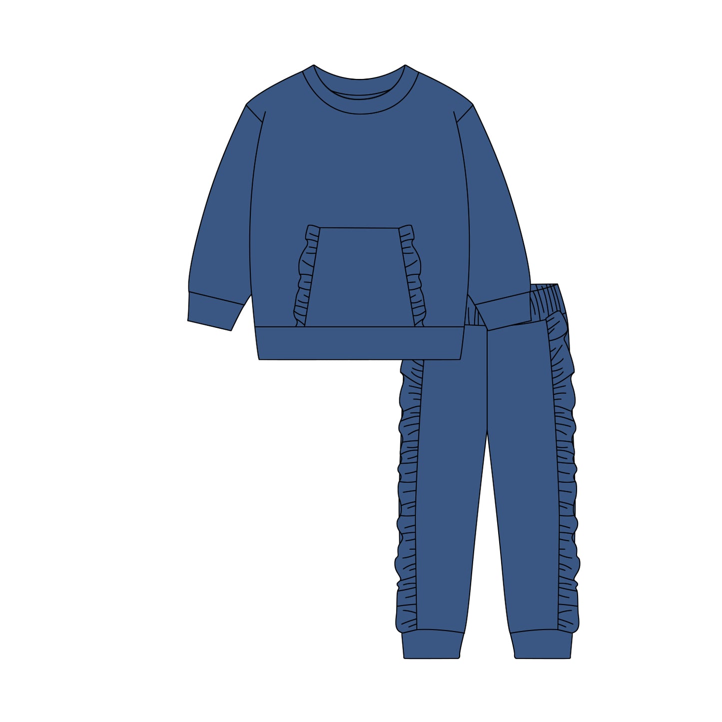 MOQ 5 Preorder GLP3047 Solid Dark Blue Ruffle Pocket Long Sleeve Pants Girls Set 202510