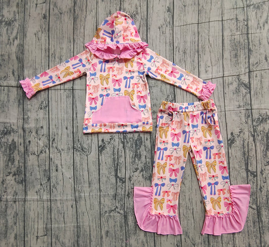 NO MOQ Preorder GLP3049 Colored Bows Rose Red Ruffle Hooded Long Sleeve Pants Girls Set 202511