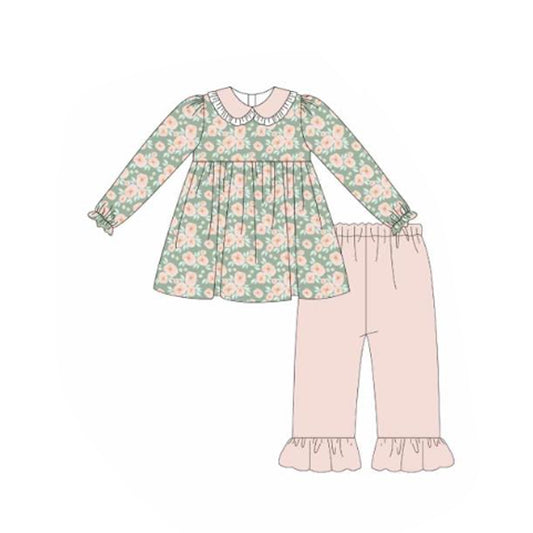 MOQ 5 Preorder GLP3052 Flower Ruffle Doll Collar Long Sleeve Pink Pants Girls Set 202510