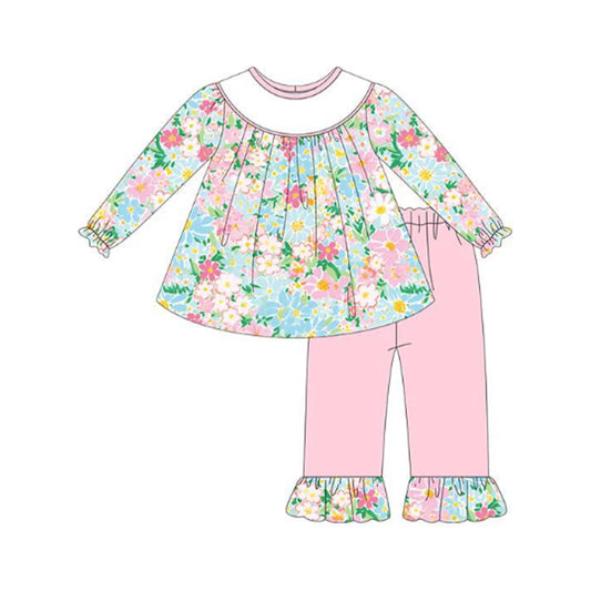 MOQ 5 Preorder GLP3053 Pink Blue Flower Long Sleeve Pink Pants Girls Set 202510