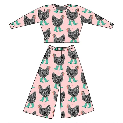 MOQ 5 Preorder GLP3054 Black Little Chicken Boots Pink Long Sleeve Pants Girls Set 202510