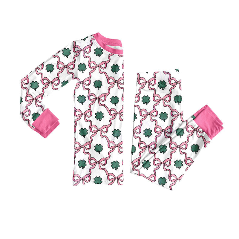 MOQ 5 Preorder GLP3055 St. Patrick's Day Pink Four-Leaf Clover Bows Long Sleeve Pants Girls Pajama Set 202510
