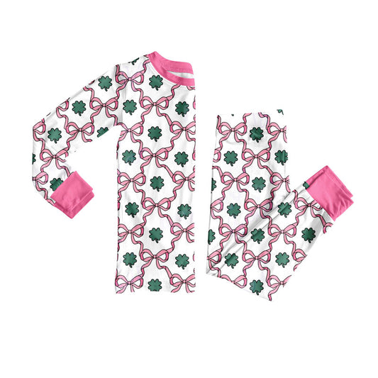 MOQ 5 Preorder GLP3055 St. Patrick's Day Pink Four-Leaf Clover Bows Long Sleeve Pants Girls Pajama Set 202510