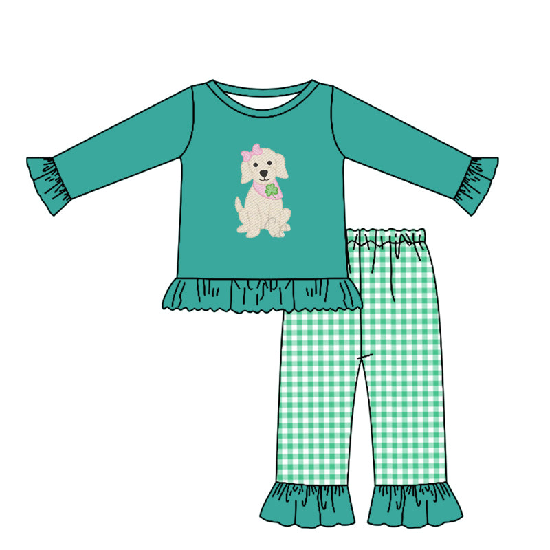MOQ 5 Preorder GLP3057 St. Patrick's Day Four-Leaf Clover Puppy Green Ruffle Long Sleeve Plaid Pants Girls Set 202510