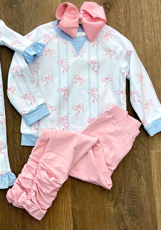 MOQ 5 Preorder GLP3063 Bows Blue Long Sleeve Pink Pants Girls Sets 202510