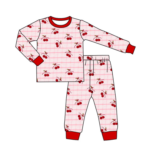 MOQ 5 Preorder GLP3064 Cherry Red Plaid Long Sleeve Pants Girls Pajama Set 202510