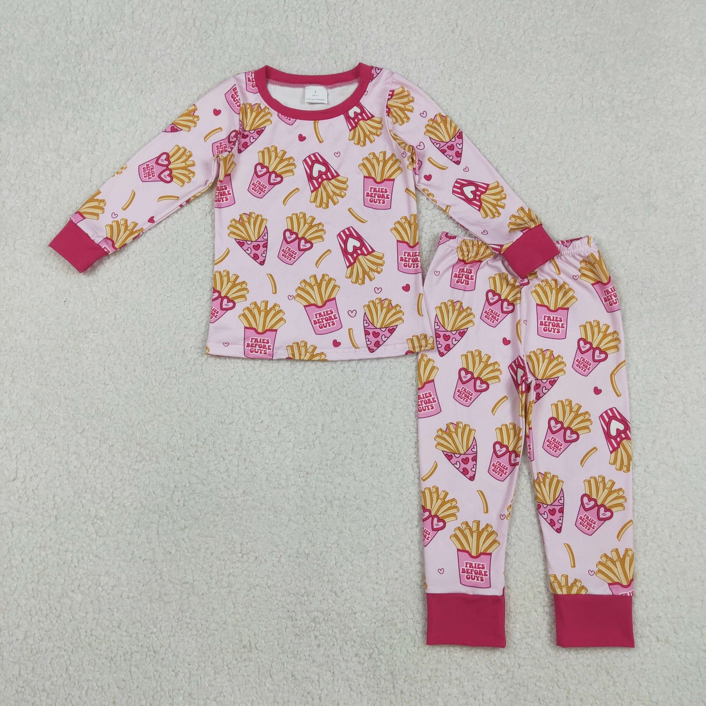 GLP3065 Valentine's Day French Fries Heart-Shaped Glasses Pink Long Sleeve Pants Girls Pajama Set 202511 RTS