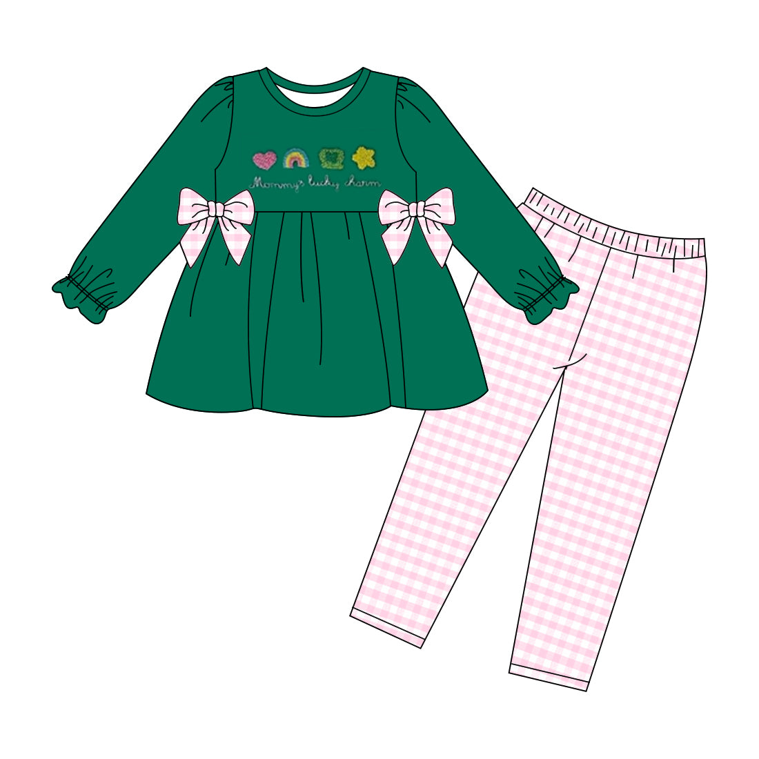 MOQ 5 Preorder GLP3066 St. Patrick's Day Love Rainbow Four-Leaf Clover Bows Dark Green Long Sleeve Pink Plaid Pants Girls Set 202510
