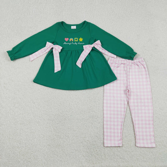 GLP3066 Embroidered St. Patrick's Day Love Rainbow Four-Leaf Clover Bows Dark Green Long Sleeve Pink Plaid Pants Girls Set 202512 RTS