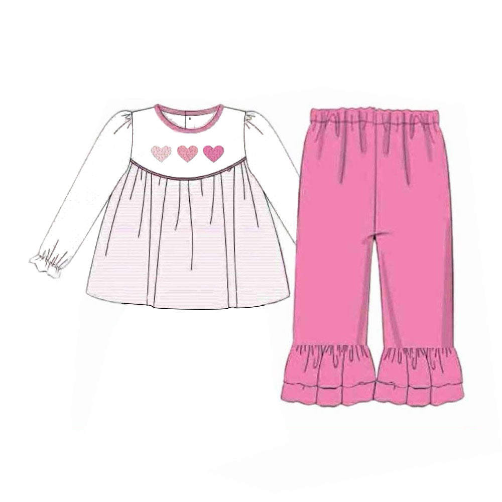 MOQ 5 Preorder GLP3069 Valentines Day Love Pink Stripe Long Sleeve Pants Girls Sets 202510