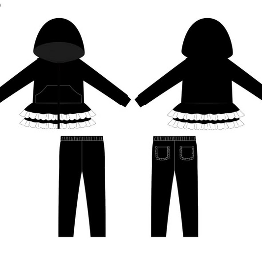 MOQ 5 Preorder GLP3070 White Ruffle Black Hooded Long Sleeve Pants Girls Sets 202510