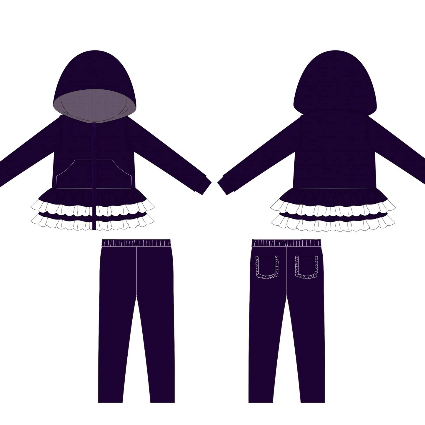 MOQ 5 Preorder GLP3071 White Ruffle Purple Hooded Long Sleeve Pants Girls Sets 202510