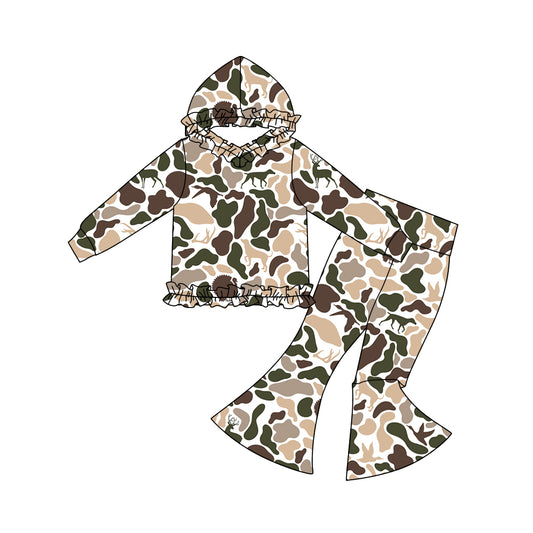 MOQ 5 Preorder GLP3079 Deer Hunting Beige Green Brown Camouflage Ruffle Hooded Long Sleeve Bell Bottom Pants Girls Sets 202510