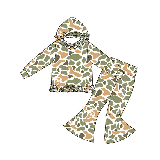 MOQ 5 Preorder GLP3080 Orange Green Camouflage Ruffle Hooded Long Sleeve Bell Bottom Pants Girls Sets 202510