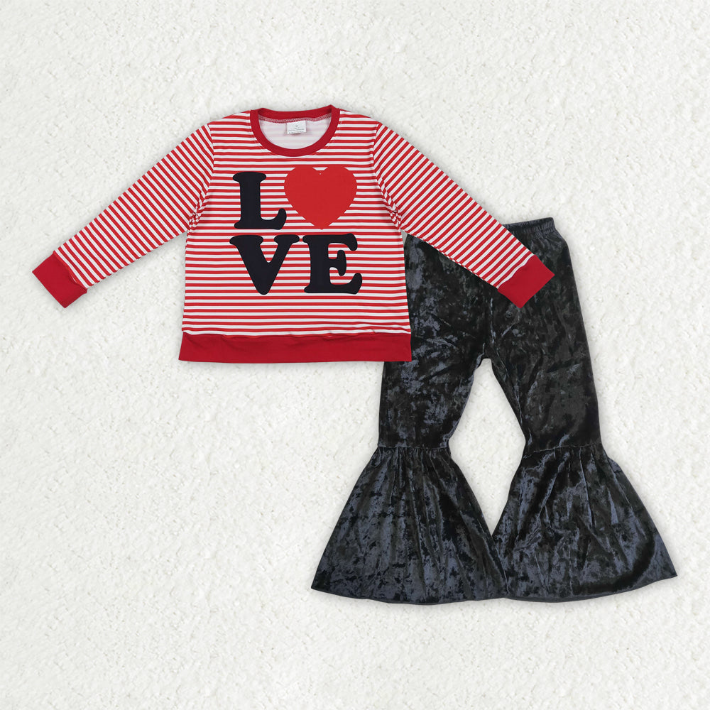 GLP3082-XS-3XL Valentines Day Love Stripe Red Long Sleeve & Black Velvet Bell Bottom Pants Girls Sets 202510 RTS