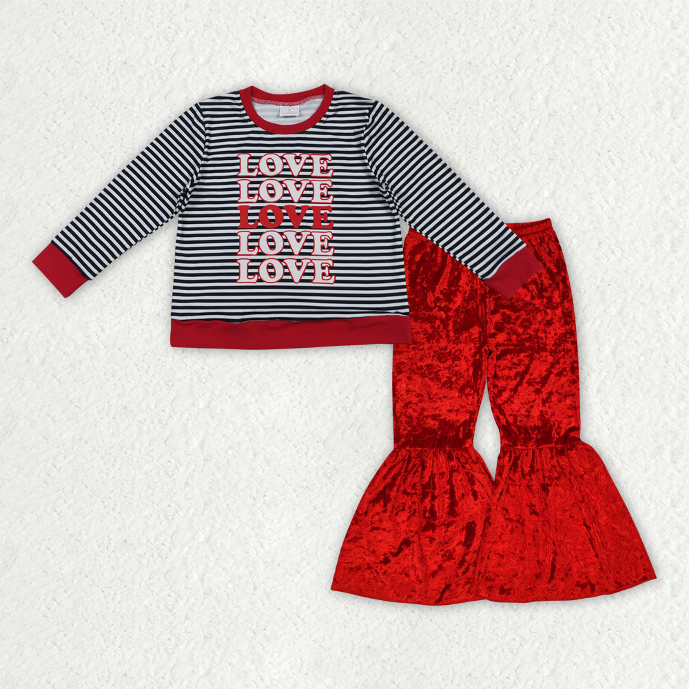 GLP3083-XS-3XL Valentines Day Love Stripe Red Long Sleeve & Red Velvet Bell Bottom Pants Girls Sets 202510 RTS
