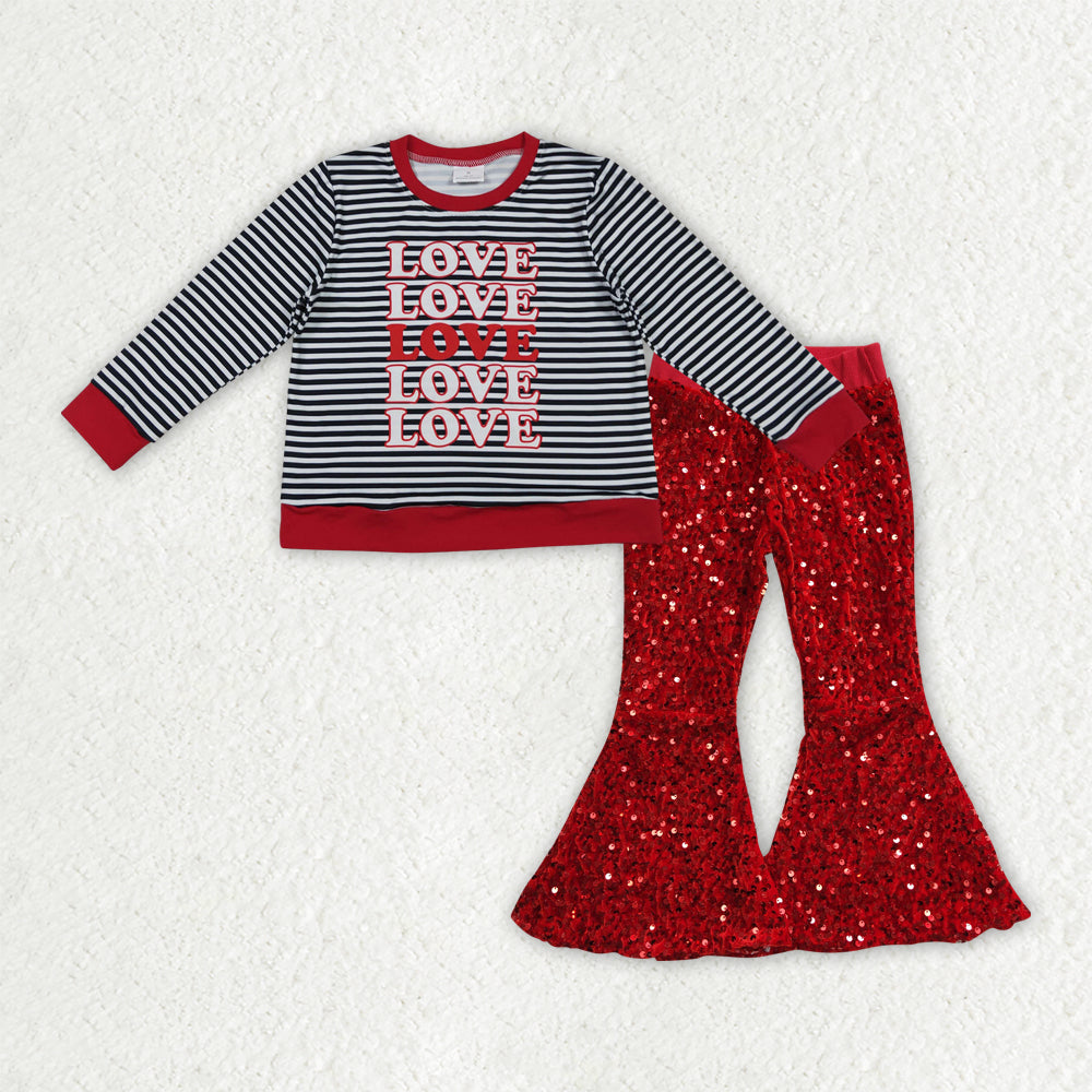 GLP3084-XS-3XL Valentines Day Love Stripe Red Long Sleeve & Red Sequin Bell Bottom Pants Girls Sets 202510 RTS
