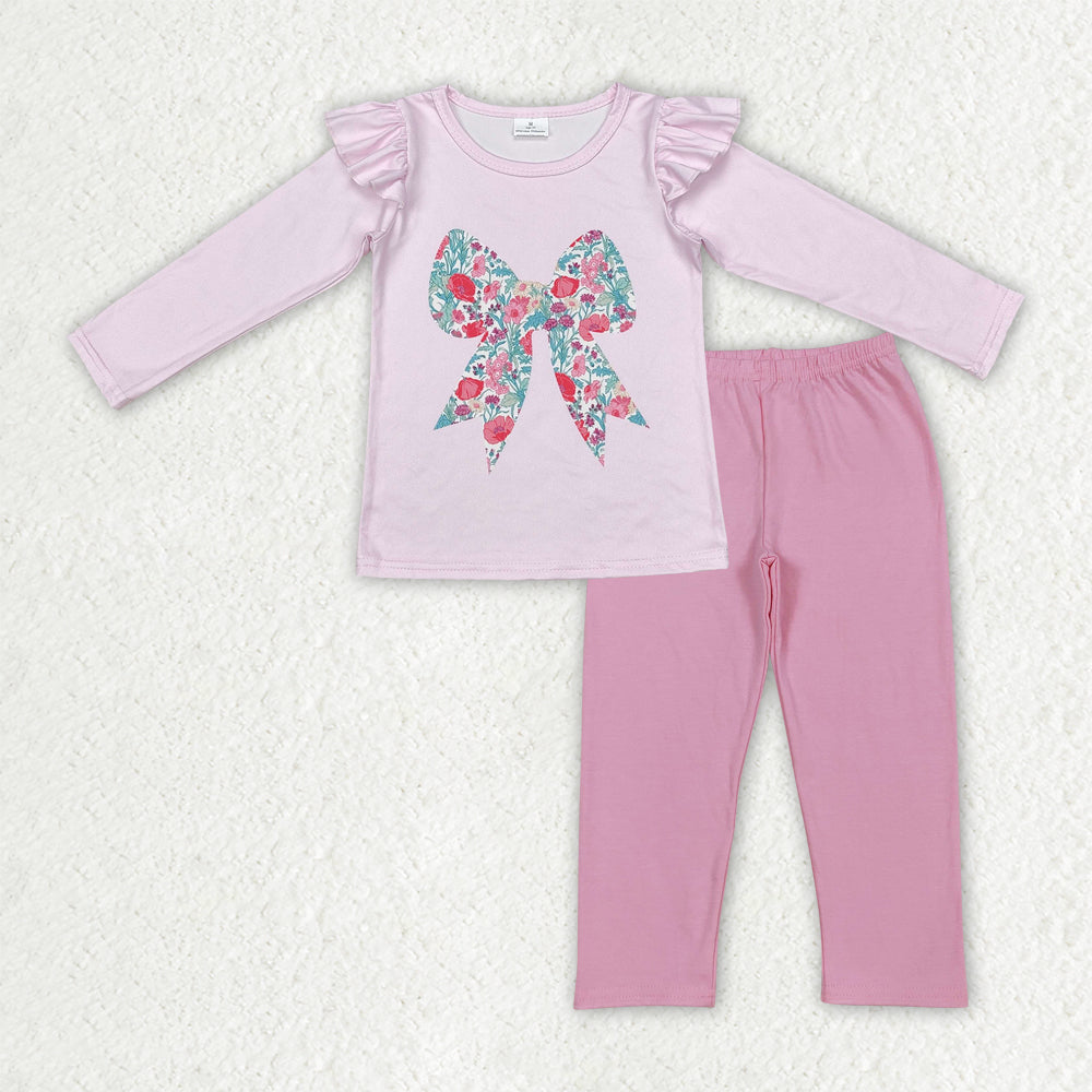 GLP3087 TOP GT0699 & PANTS P0821 Flower Bow Pink Ruffle Long Sleeve Pants Girls Set 202510 RTS