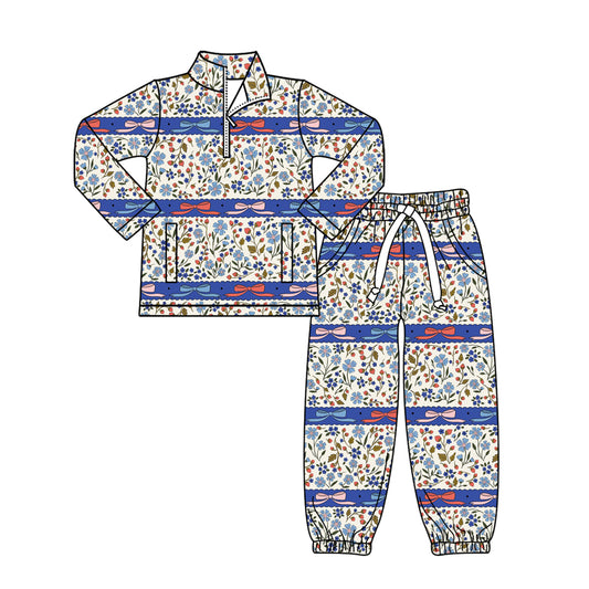 MOQ 5 PCS Preorder GLP3093 Floral Bows Beige Blue Stripe Zip Collar Long Sleeve Pants Girls Sets 202511