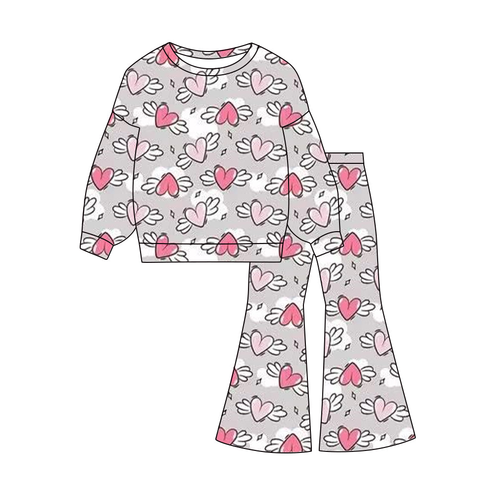 MOQ 5 PCS Preorder GLP3097 Valentines Day Wings and Heart Gray Long Sleeve Bell Bottom Pants Girls Sets 202511