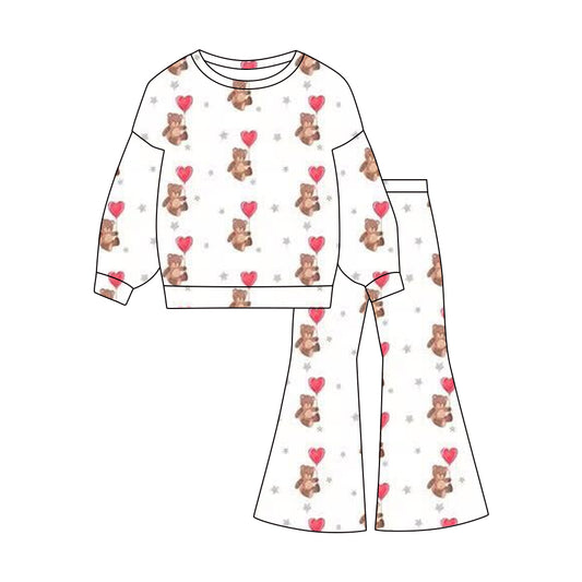 MOQ 5 PCS Preorder GLP3100 Valentines Day Bear Love White Long Sleeve Bell Bottom Pants Girls Sets 202511
