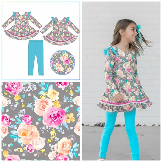 MOQ 5 PCS Preorder GLP3102 Floral Leaf Gray Long Sleeve Blue Green Pants Girls Sets 202511