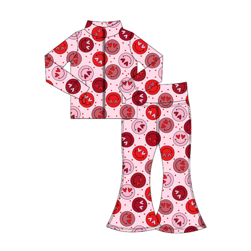 MOQ 5 PCS preorder GLP3108 Valentines Day Love Smile Face Pink Zipper Long Sleeve Pants Girls Yoga Sets 202511