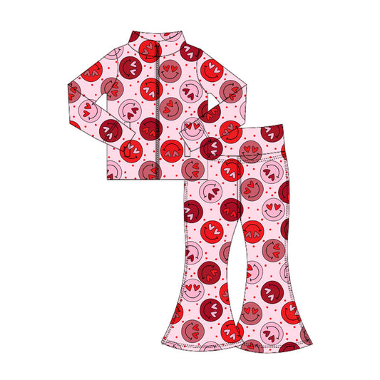 MOQ 5 PCS preorder GLP3108 Valentines Day Love Smile Face Pink Zipper Long Sleeve Pants Girls Yoga Sets 202511