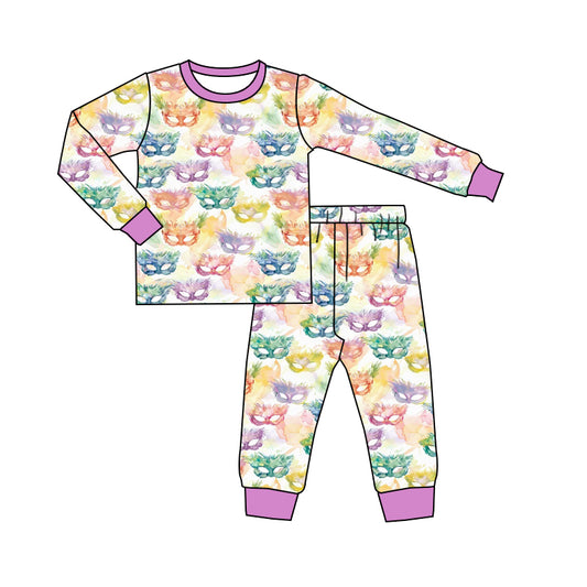 MOQ 5 PCS Preorder GLP3114 Mardi Gras Colored Mask Purple Long Sleeve Pants Girls Pajama Set 202511