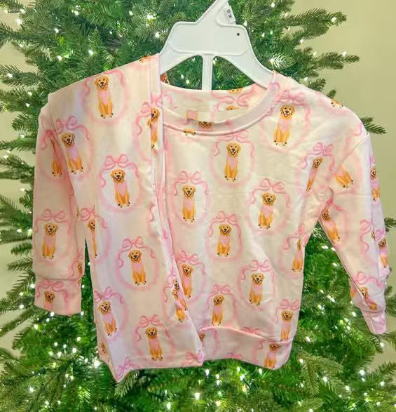 MOQ 5 PCS Preorder GLP3117 Puppy Bows Pink White Long Sleeve Pants Girls Pajama Set 202511