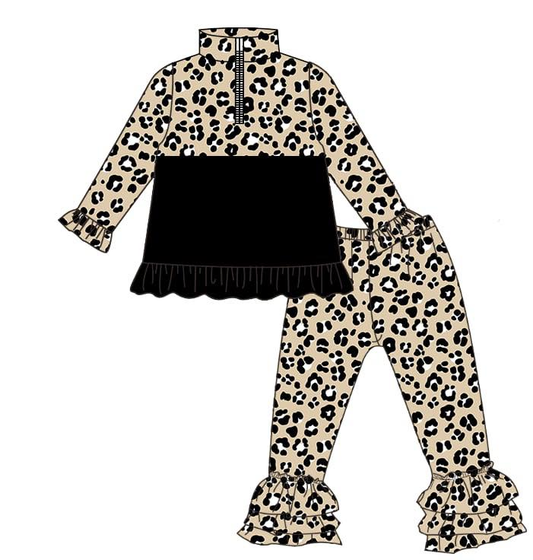 MOQ 5 PCS Preorder GLP3123 Leopard Black Ruffle Zip Collar Long Sleeve Pants Girls Sets 202511