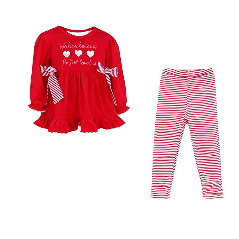 MOQ 5 PCS Preorder GLP3133 Valentines Day Love Red Long Sleeve Stripe Pants Girls Sets 202511