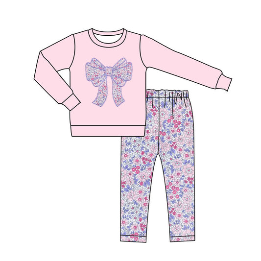 MOQ 5 PCS Preorder GLP3136 Floral Bow Pink Long Sleeve Pants Girls Sets 202511