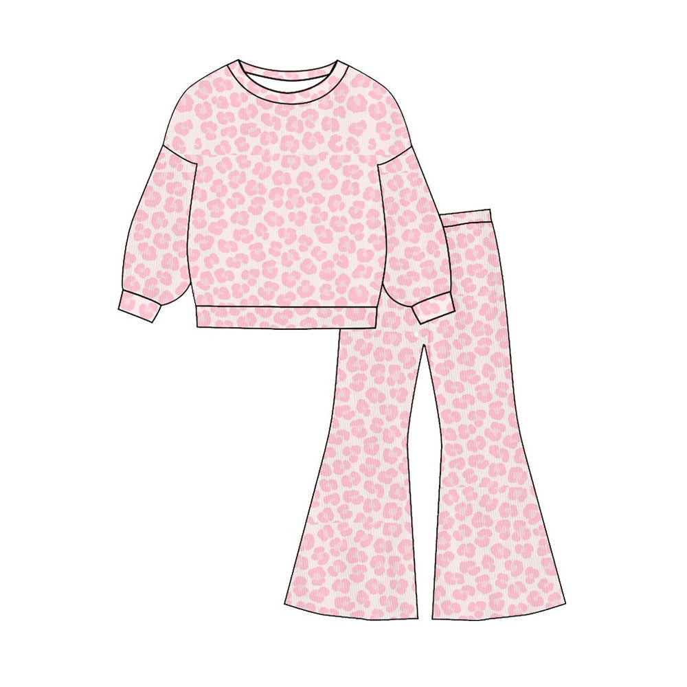 MOQ 5 PCS Preorder GLP3138 Valentines Day Pink Leopard Long Sleeve Bell Bottom Pants Girls Sets 202511