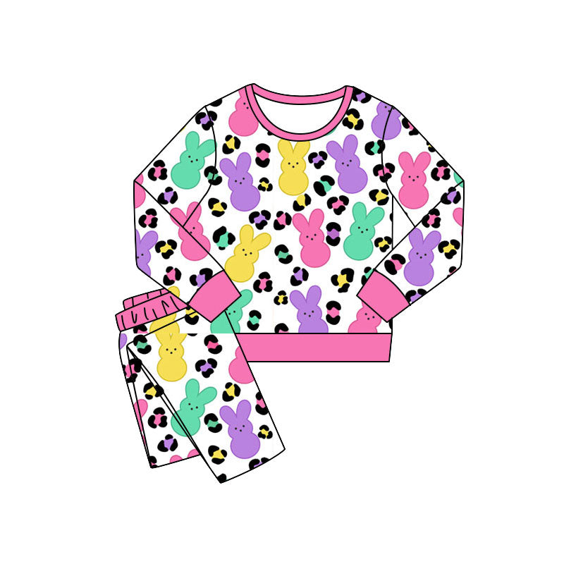MOQ 5 PCS Preorder GLP3141 Easter Colored Bunny Leopard Long Sleeve Pants Girls Sets 202511
