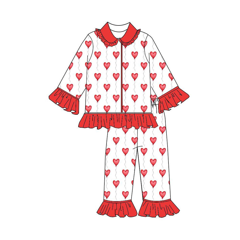 MOQ 5 PCS Preorder GLP3152 Valentines Day Love Red Ruffle Polo Long Sleeve Pants Girls Pajama Set 202511