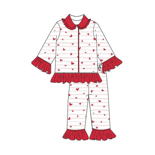 MOQ 5 PCS Preorder GLP3153 Valentines Day Love Red Ruffle Stripe Polo Long Sleeve Pants Girls Pajama Set 202511