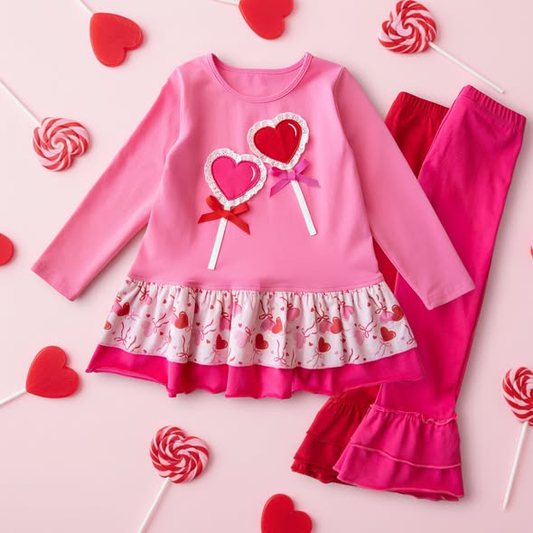 MOQ 5 PCS Preorder GLP3155 Valentines Day Heart Lollipop Ruffle Pink Long Sleeve Rose Red Pants Girls Sets 202511