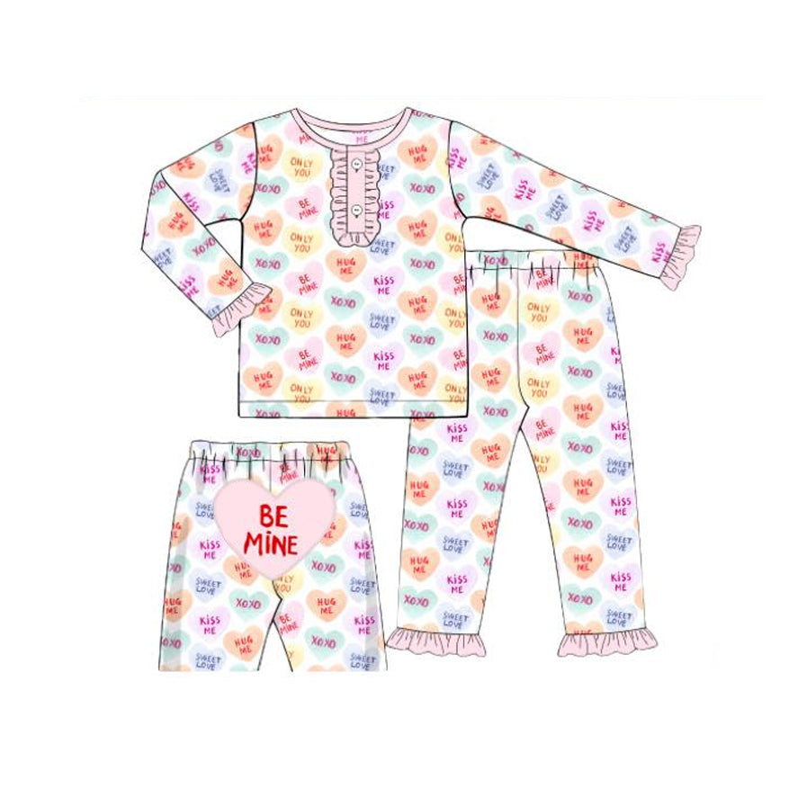 MOQ 5 PCS Preorder GLP3159 Valentines Day Be Mine Letter Heart Pink Ruffle Long Sleeve Pants Girls Pajama Set 202511