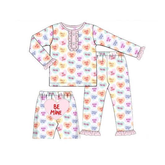 MOQ 5 PCS Preorder GLP3159 Valentines Day Be Mine Letter Heart Pink Ruffle Long Sleeve Pants Girls Pajama Set 202511