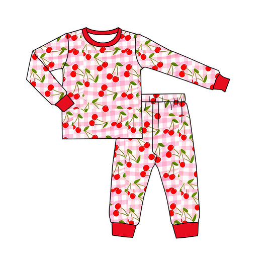 MOQ 5 PCS Preorder GLP3161 Cherry Pink Plaid Long Sleeve Pants Girls Pajama Set 202511