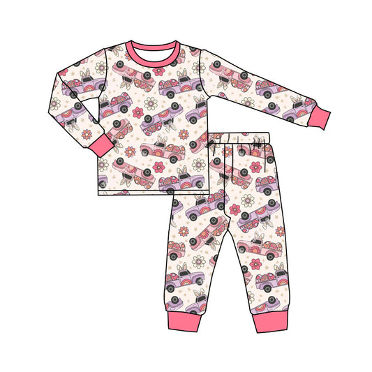 MOQ 5 PCS Preorder GLP3169 Easter Bunny Flower Truck Pink Long Sleeve Pants Girls Pajama Set 202511