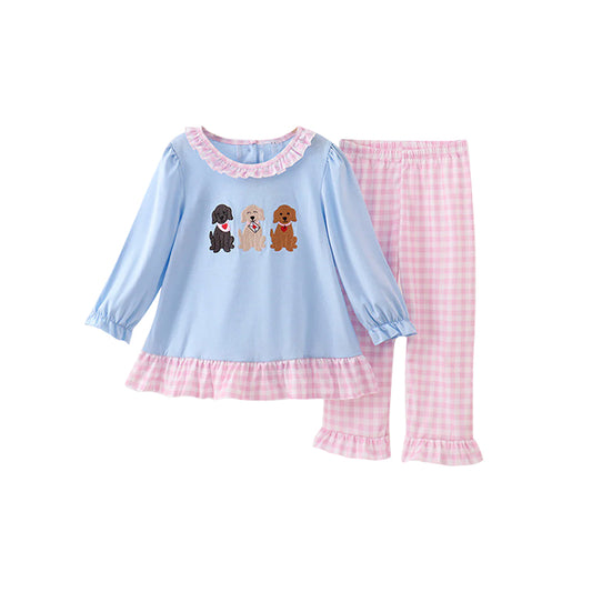 MOQ 5 PCS Preorder GLP3170 Valentines Day Love Puppy Pink Plaid Ruffle Blue Long Sleeve Pants Girls Sets 202511
