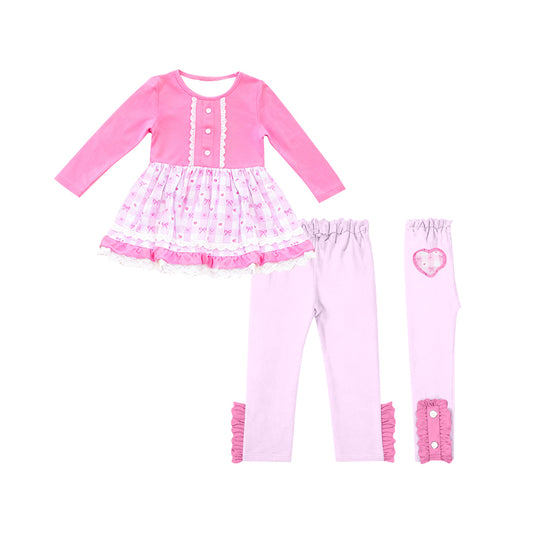 MOQ 5 PCS Preorder GLP3171 Valentines Day Love Bows Lace Ruffle Pink Long Sleeve Pants Girls Sets 202511