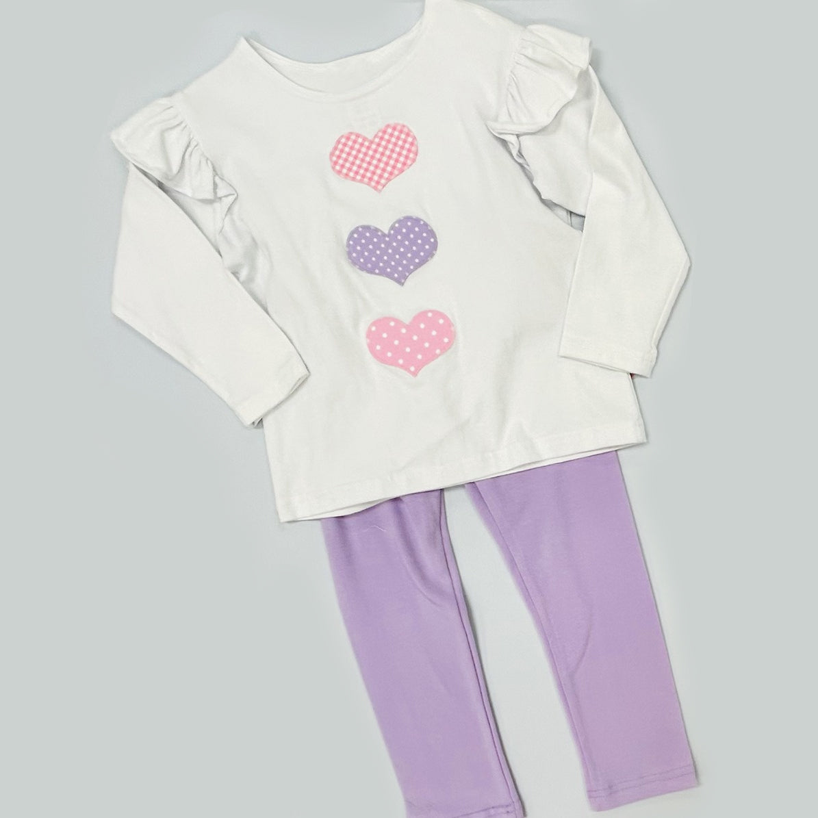 MOQ 5 PCS Preorder GLP3176 Valentines Day Love White Ruffle Long Sleeve Purple Pants Girls Sets 202511