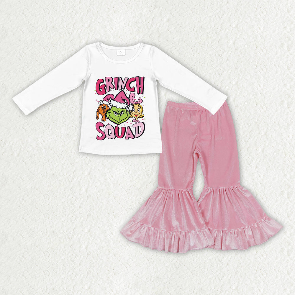 GLP3184 Christmas Grinch White Long Sleeve Pink Velvet Bell Bottom Pants Girls Sets 202511 RTS