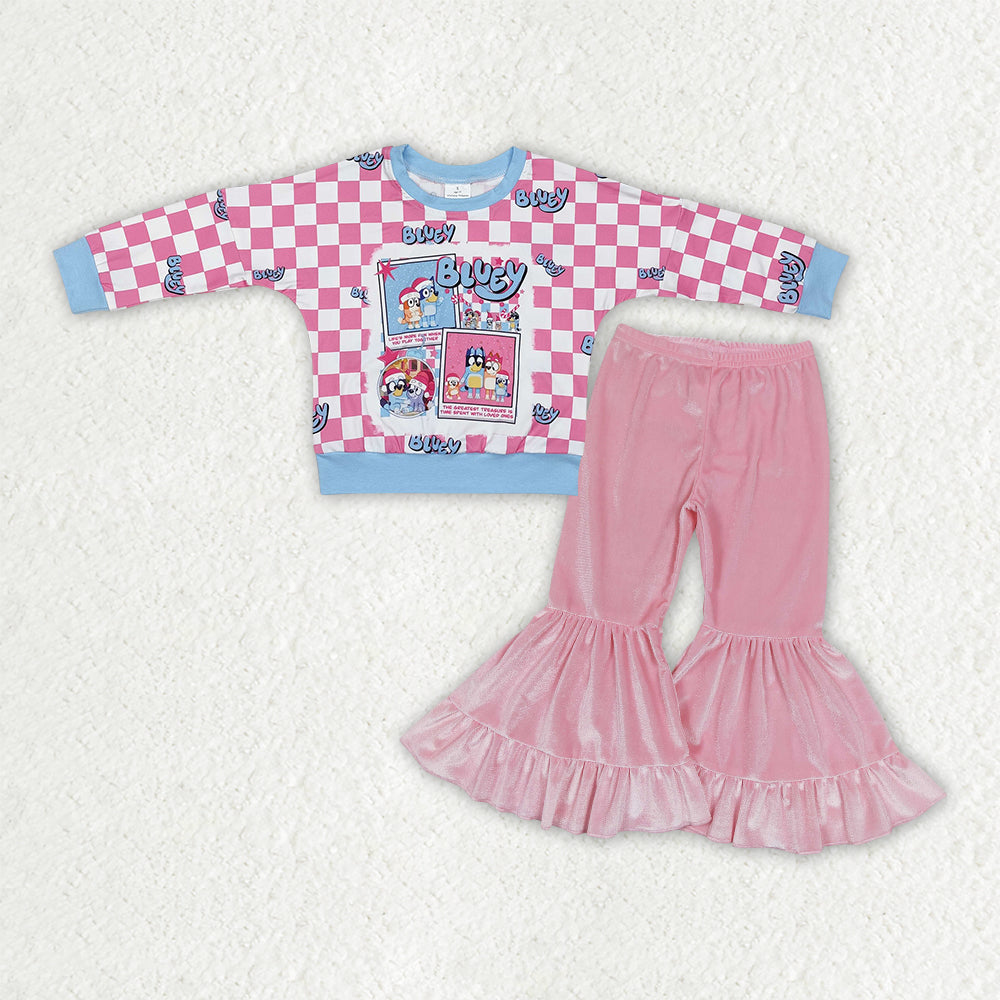 GLP3186 Christmas Bluey Pink Plaid Blue Long Sleeve Pink Velvet Bell Bottom Pants Girls Sets 202511 RTS