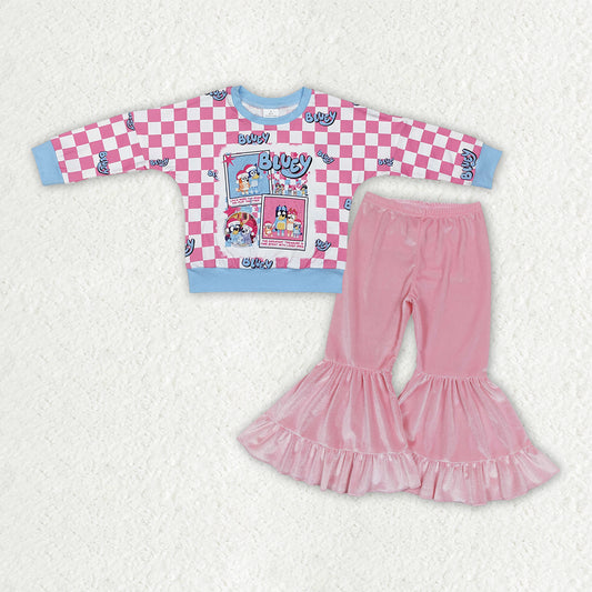 GLP3186 Christmas Bluey Pink Plaid Blue Long Sleeve Pink Velvet Bell Bottom Pants Girls Sets 202511 RTS