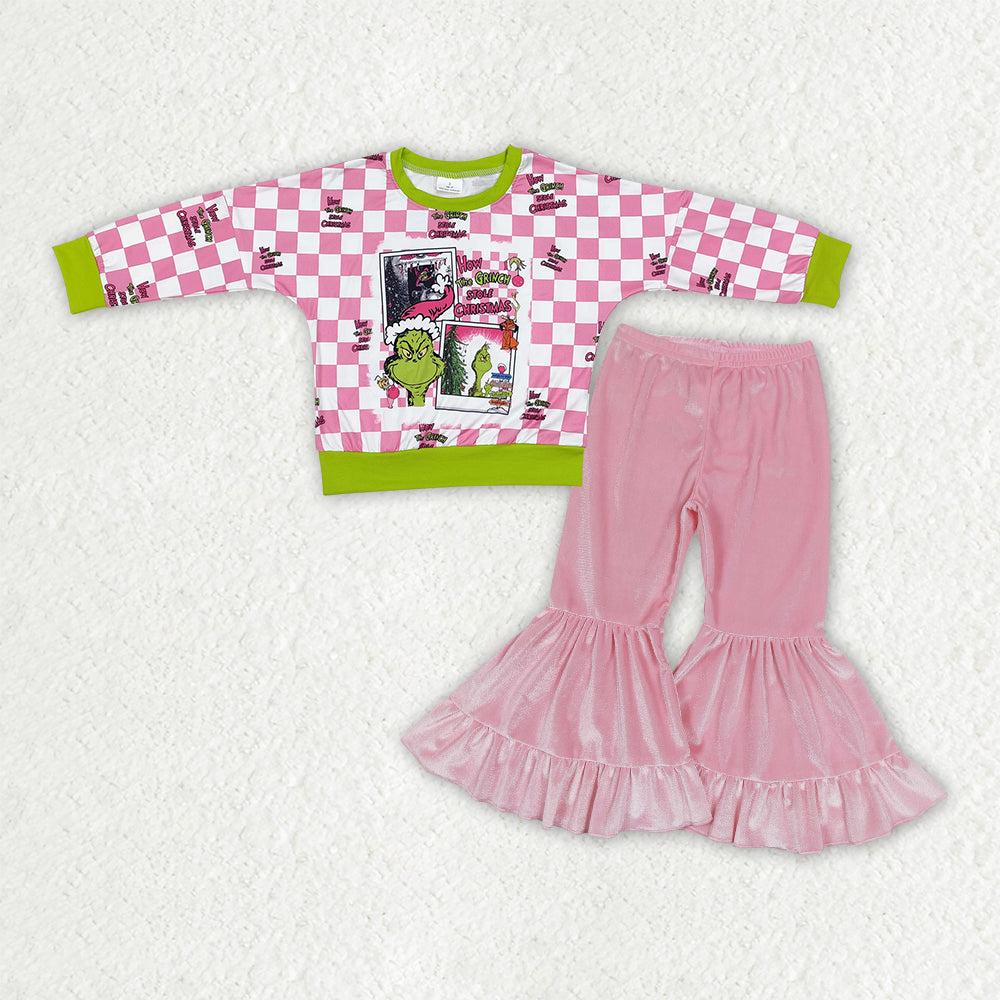 GLP3187 Christmas Bluey Pink Plaid Green Long Sleeve Pink Velvet Bell Bottom Pants Girls Sets 202511 RTS